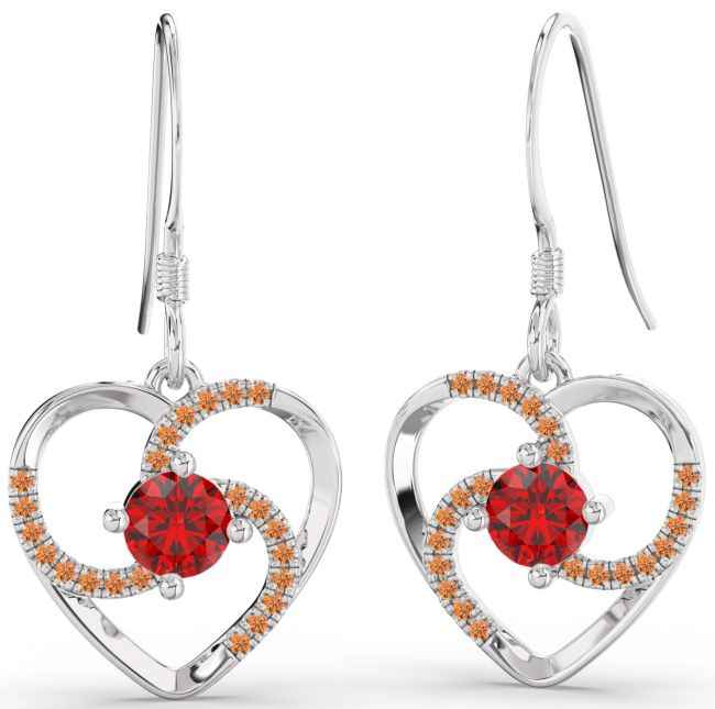 Ruby & Citrine Silver Heart Dangle Earrings