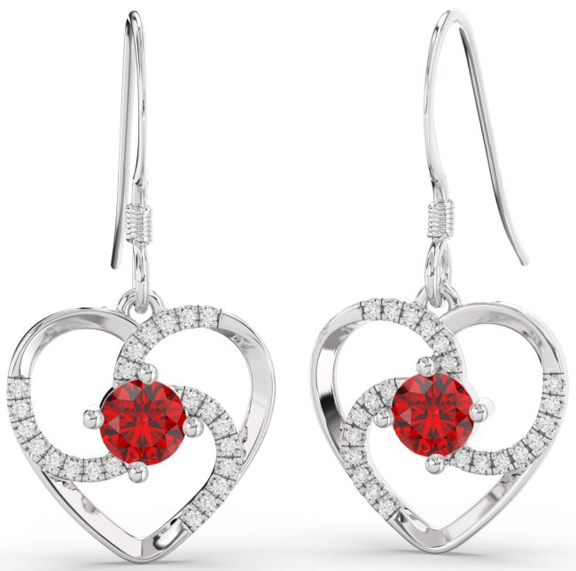 Diamond & Ruby Platinum Heart Dangle Earrings