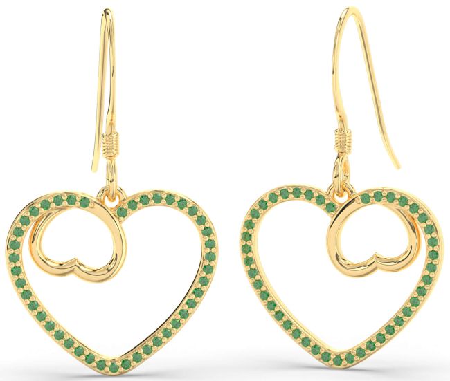 Emerald Gold Heart Dangle Earrings