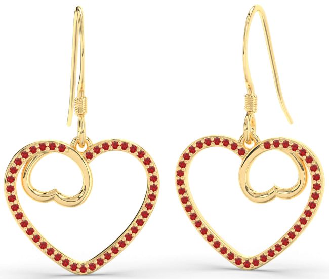 Ruby Gold Heart Dangle Earrings