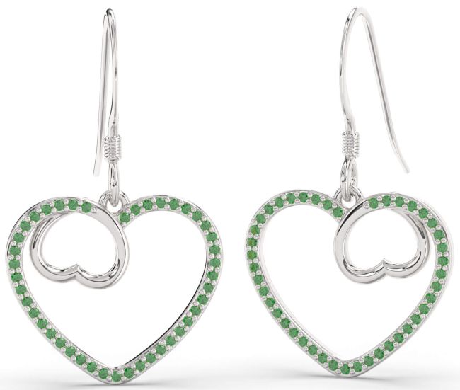 Emerald Silver Heart Dangle Earrings
