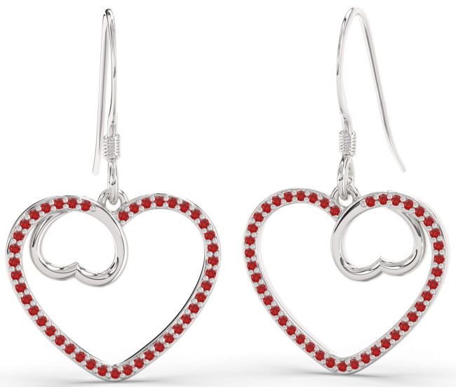 Ruby Silver Heart Dangle Earrings