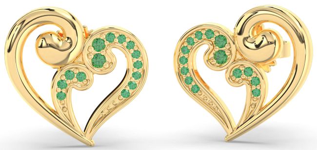 Emerald Gold Silver Heart Stud Earrings