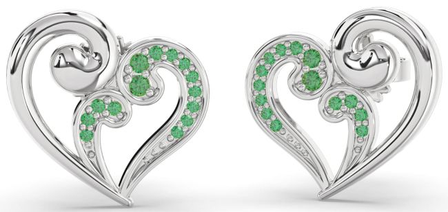 Emerald Silver Heart Stud Earrings