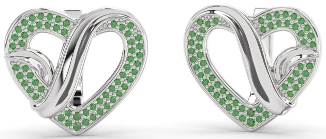 Emerald Silver Heart Stud Earrings
