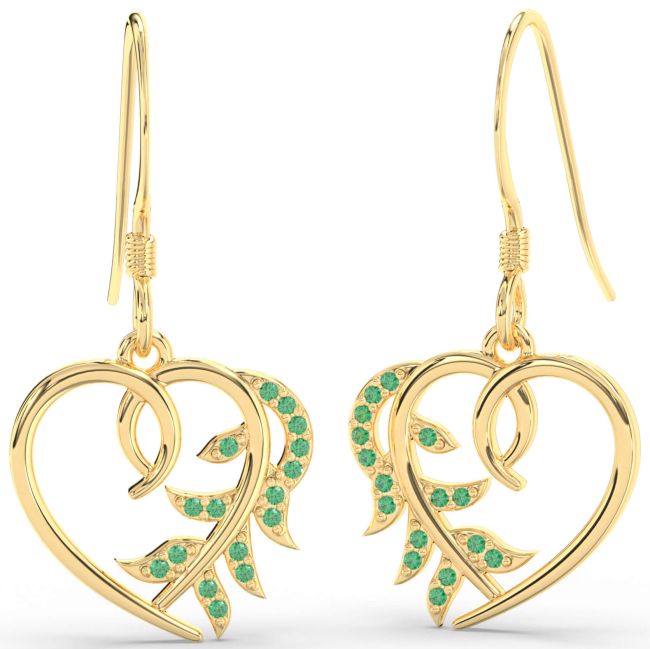 Emerald Gold Silver Heart Dangle Earrings