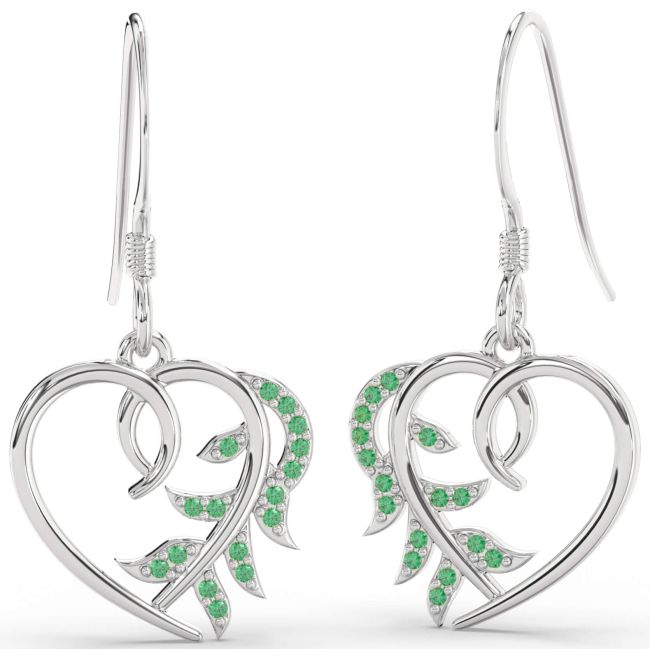Emerald Silver Heart Dangle Earrings
