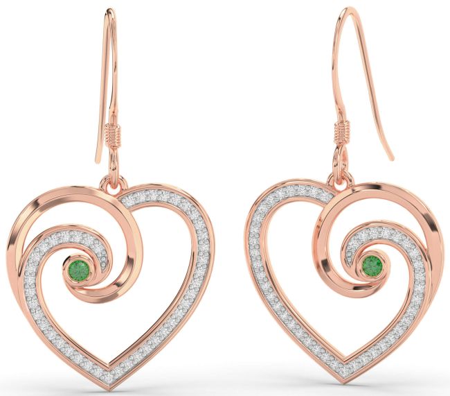 Diamond Emerald Rose Gold Heart Dangle Earrings