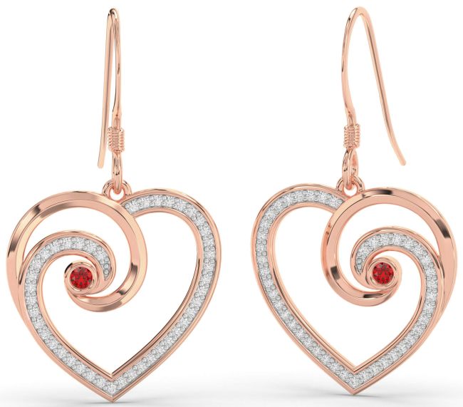 Diamond Ruby Rose Gold Heart Dangle Earrings