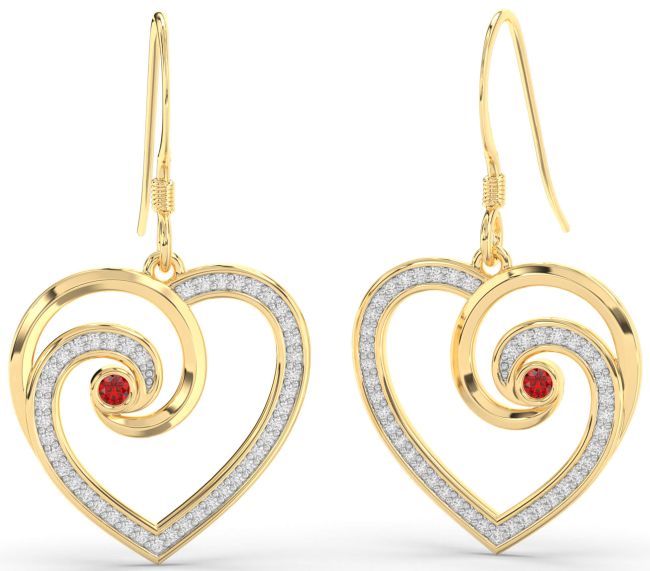 Diamond Ruby Gold Heart Dangle Earrings