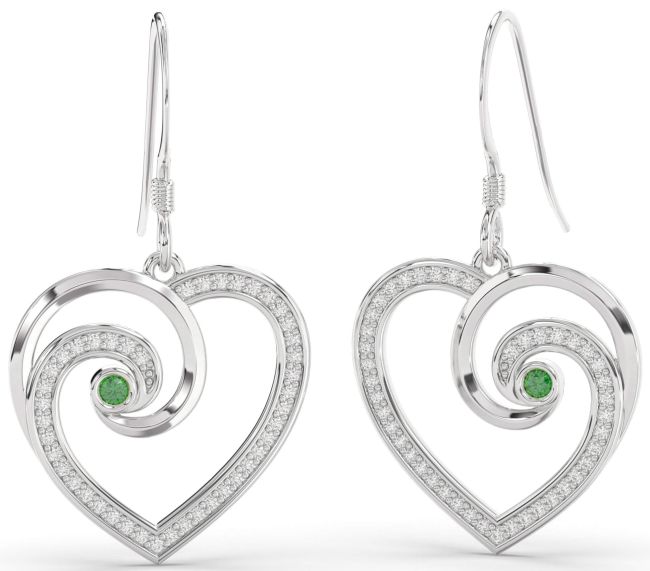 Diamond Emerald Platinum Heart Dangle Earrings
