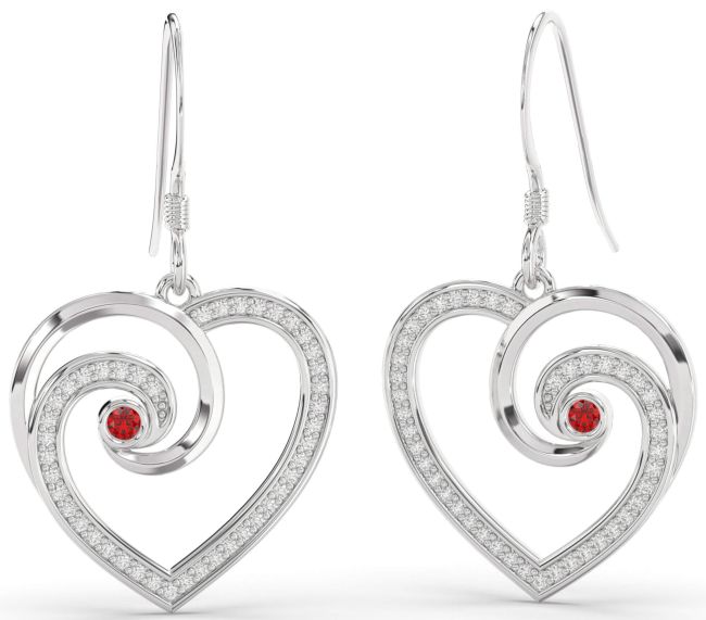 Diamond Ruby White Gold Heart Dangle Earrings
