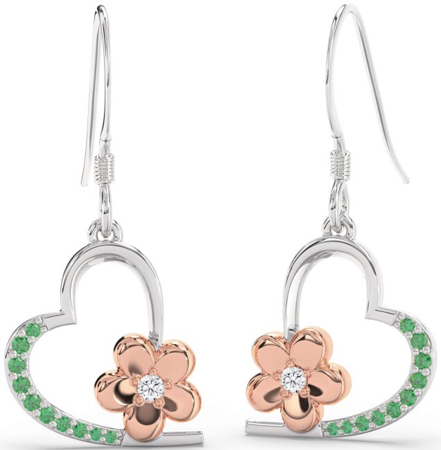 Emerald & Diamond Platinum & Rose Gold Heart Flower Dangle Earrings