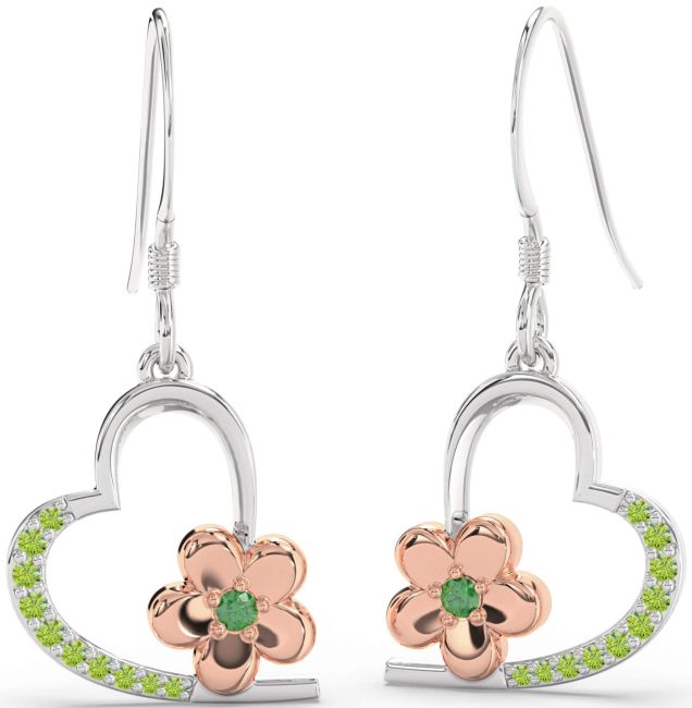 Emerald & Peridot Silver & 10K Rose Gold Heart Flower Dangle Earrings