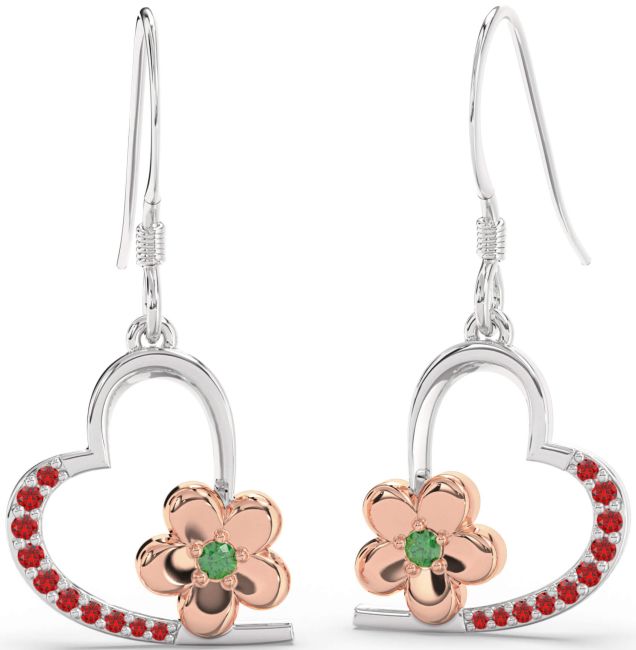 Emerald & Ruby White Rose Gold Heart Flower Dangle Earrings