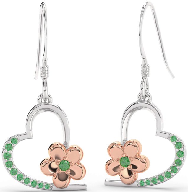 Emerald White Rose Gold Heart Flower Dangle Earrings