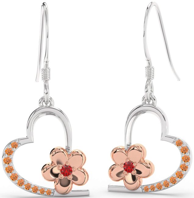 Ruby & Citrine White Rose Gold Heart Flower Dangle Earrings