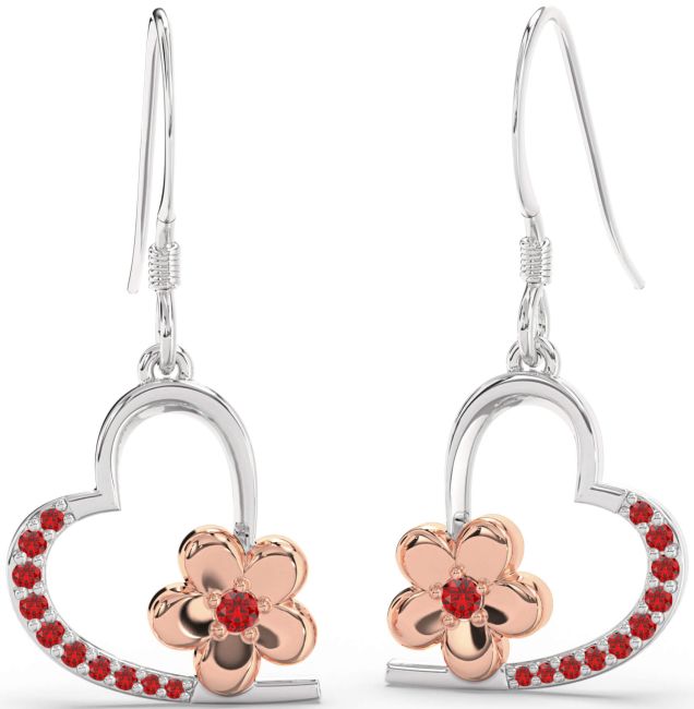 Ruby White Rose Gold Heart Flower Dangle Earrings