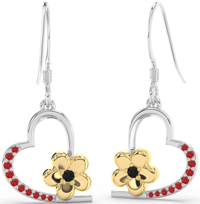 Black Diamond & Ruby Platinum & Yellow Gold Heart Flower Dangle Earrings