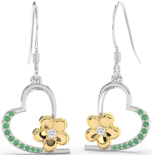 Emerald & Diamond Gold Silver Heart Flower Dangle Earrings