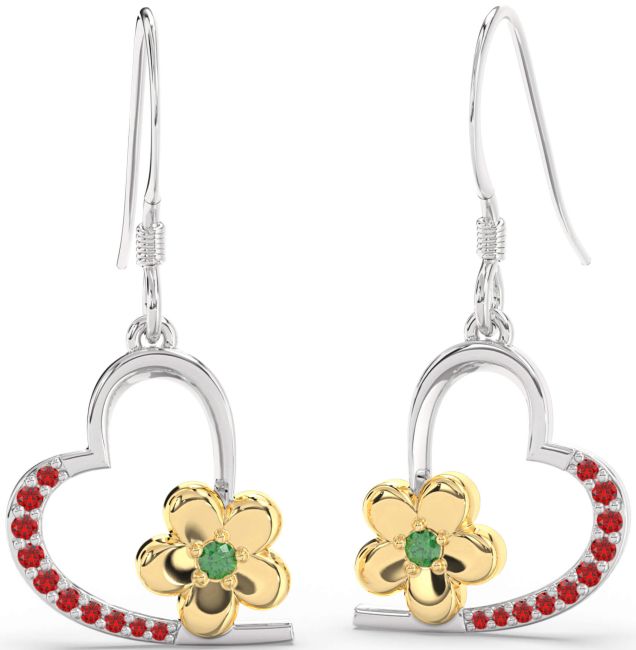 Emerald & Ruby Platinum & Yellow Gold Heart Flower Dangle Earrings