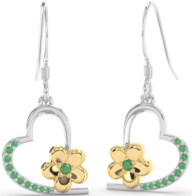 Emerald Gold Silver Heart Flower Dangle Earrings
