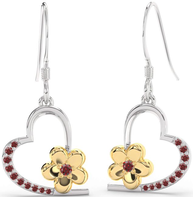 Garnet Gold Silver Heart Flower Dangle Earrings