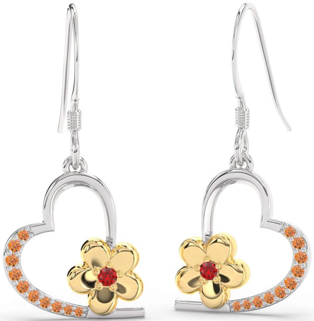 Ruby & Citrine Platinum & Yellow Gold Heart Flower Dangle Earrings