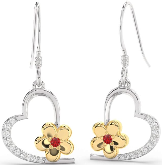 Diamond & Ruby Gold Silver Heart Flower Dangle Earrings