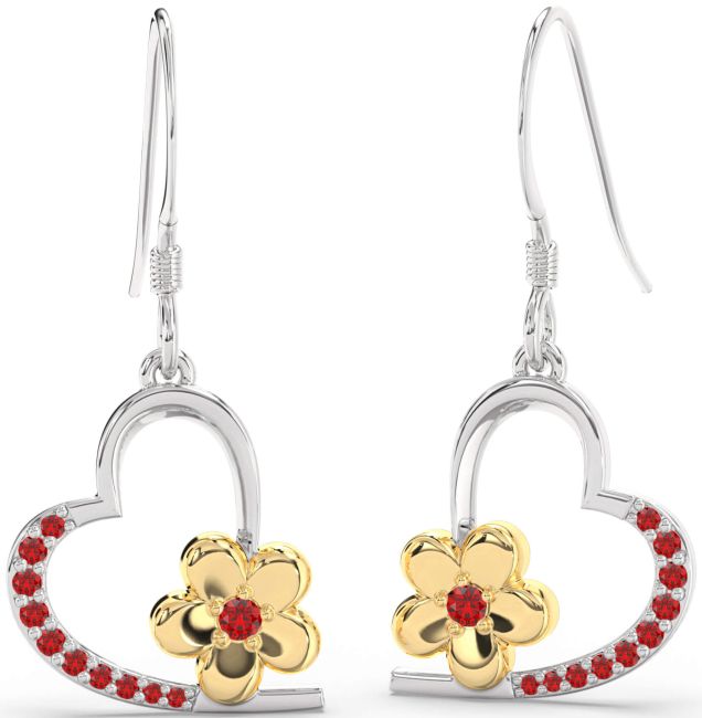 Ruby Platinum & Yellow Gold Heart Flower Dangle Earrings