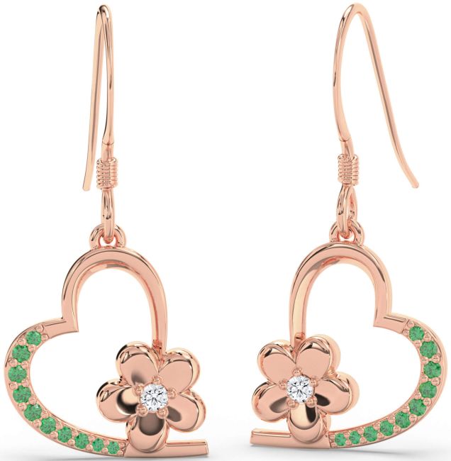 Emerald & Diamond Rose Gold Heart Flower Dangle Earrings