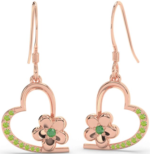 Emerald & Peridot Rose Gold Silver Heart Flower Dangle Earrings