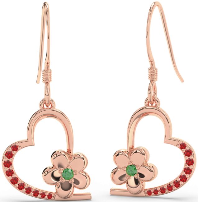 Emerald & Ruby Rose Gold Heart Flower Dangle Earrings