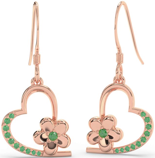 Emerald Rose Gold Silver Heart Flower Dangle Earrings