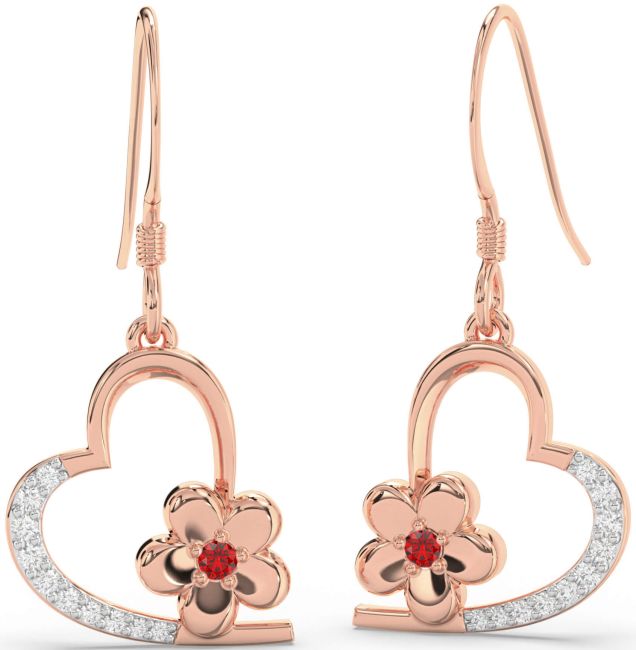 Diamond & Ruby Rose Gold Heart Flower Dangle Earrings