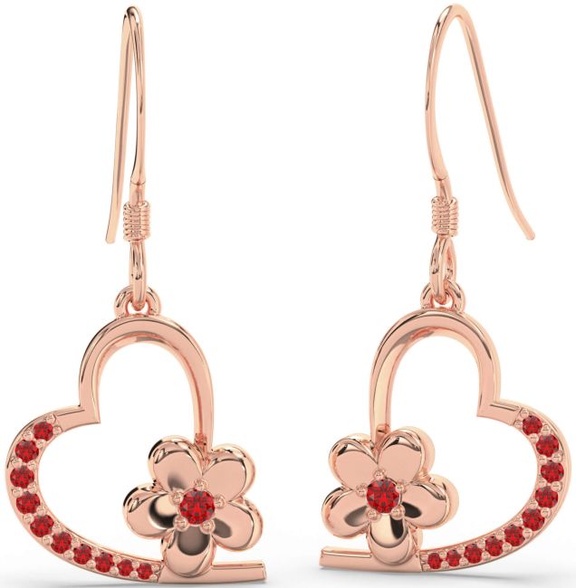 Ruby Rose Gold Heart Flower Dangle Earrings