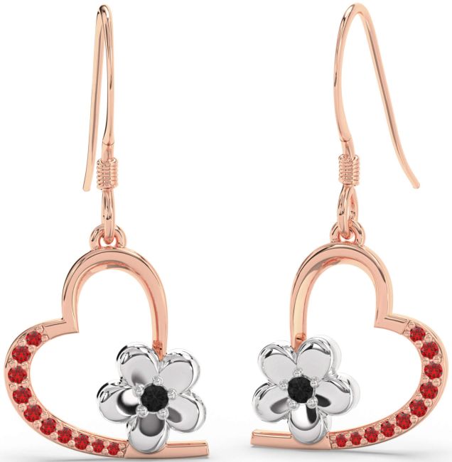 Black Diamond & Ruby Rose Gold Silver Heart Flower Dangle Earrings
