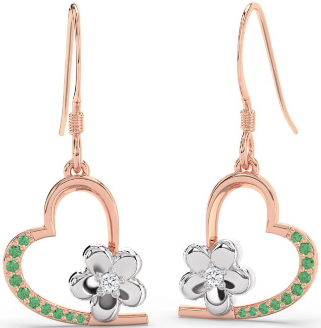 Emerald & Diamond Rose Gold Silver Heart Flower Dangle Earrings
