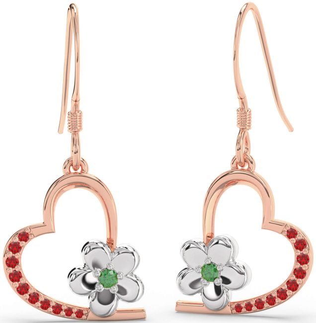 Emerald & Ruby Platinum & Rose Gold Heart Flower Dangle Earrings
