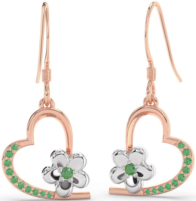Emerald Rose Gold Silver Heart Flower Dangle Earrings