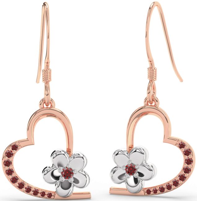 Garnet Rose Gold Silver Heart Flower Dangle Earrings