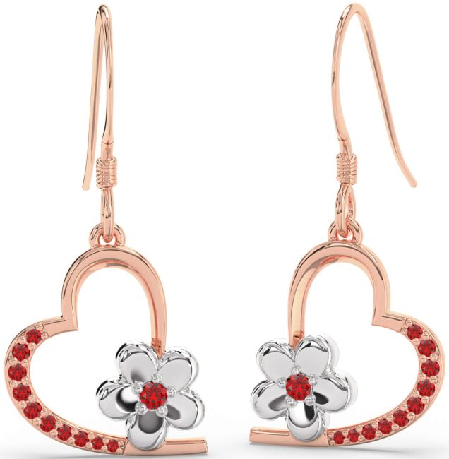 Ruby Rose Gold Silver Heart Flower Dangle Earrings
