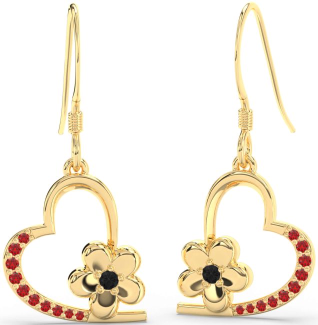Black Diamond & Ruby Gold Heart Flower Dangle Earrings