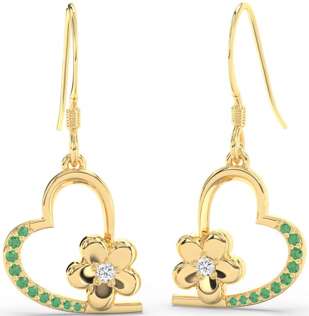 Emerald & Diamond Gold Silver Heart Flower Dangle Earrings