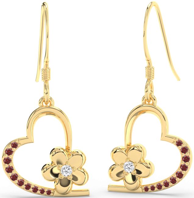 Diamond & Garnet Gold Silver Heart Flower Dangle Earrings