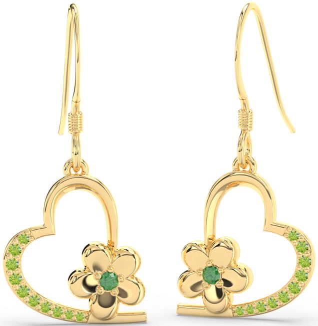 Emerald & Peridot Gold Heart Flower Dangle Earrings