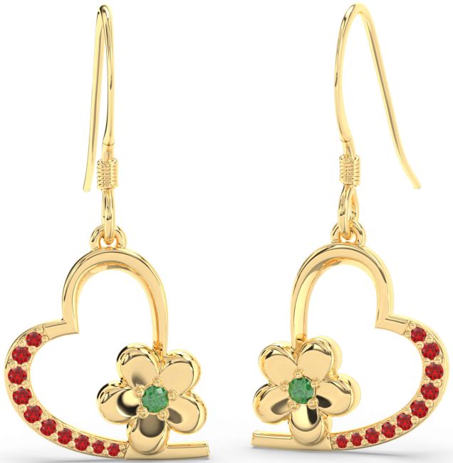 Emerald & Ruby Gold Silver Heart Flower Dangle Earrings