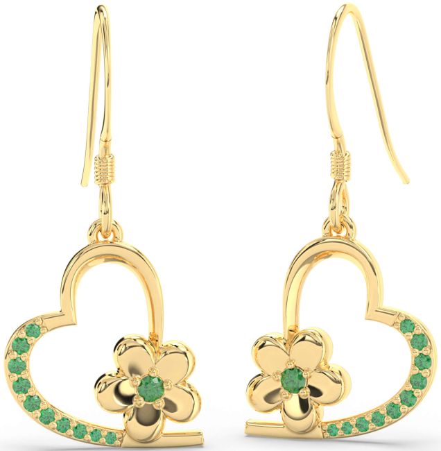 Emerald Gold Heart Flower Dangle Earrings