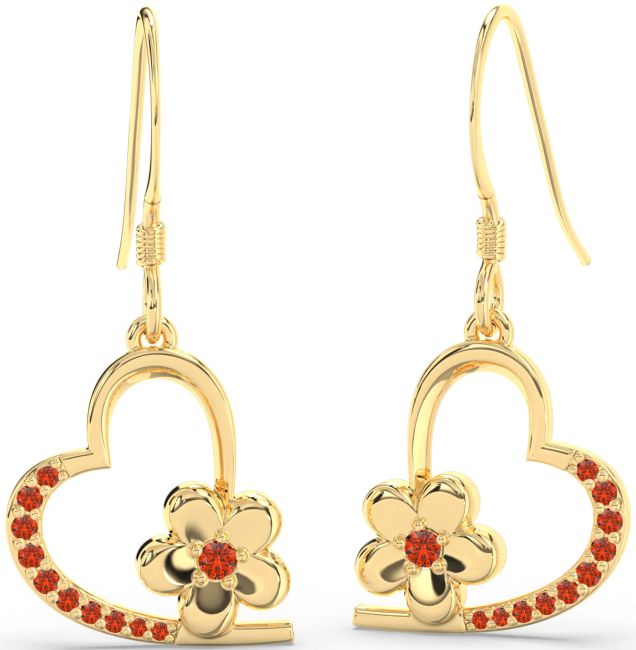 Fire Opal Gold Heart Flower Dangle Earrings