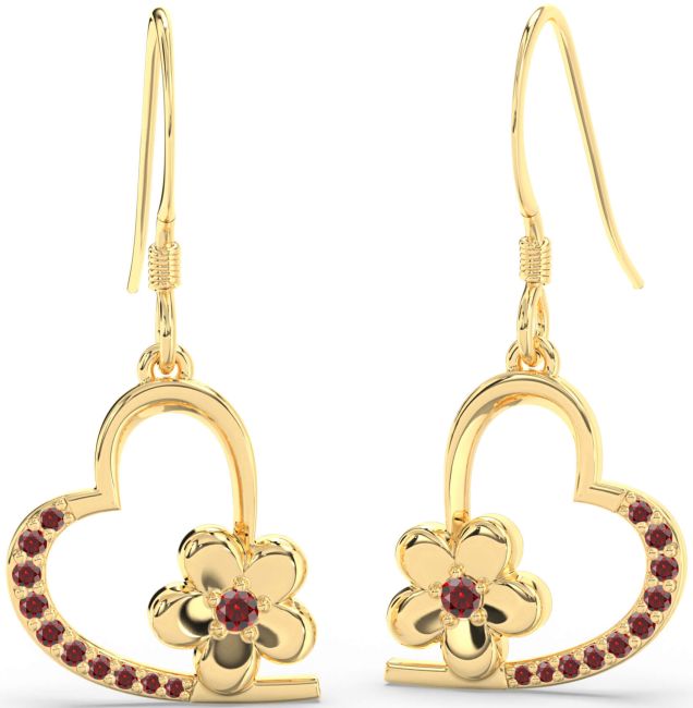 Garnet Gold Heart Flower Dangle Earrings